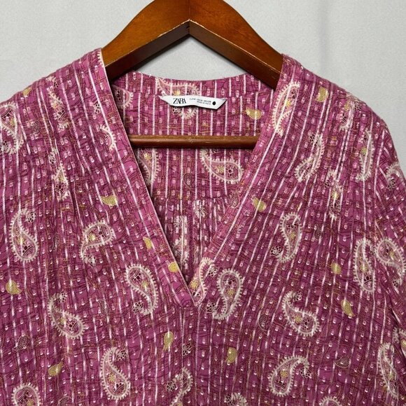 Zara Pink Paisley Cotton V Neck Ballon Sleeve A Line Kaftan Midi Dress Size M - Picture 4 of 13